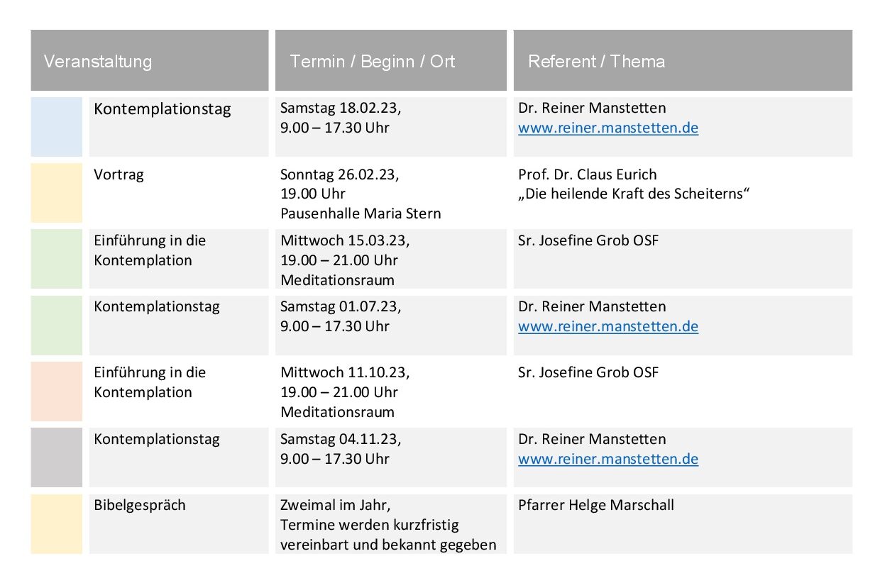 Überblick über Veranstaltungen Zentrum der Stille